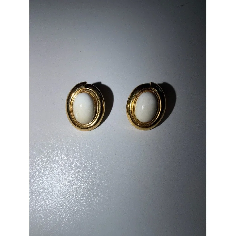 Monet Gold Tone White Cabochon Vintage Earrings 70's 80's